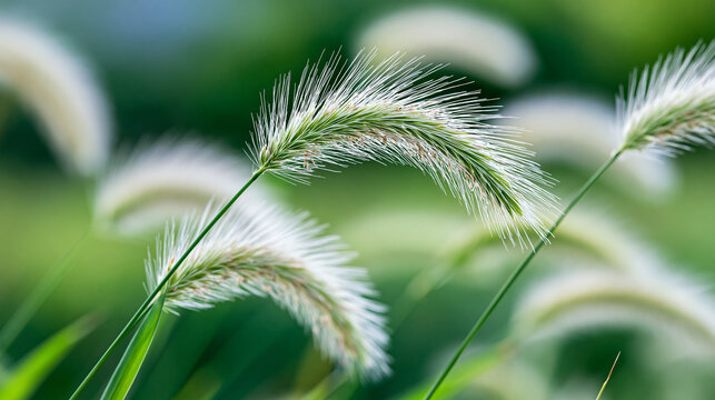 Close-up of soft, fluffy foxtail grass swaying against a blurred green spring backdrop, hay fever awareness, tranquil meadow macro nature photography, with copy space