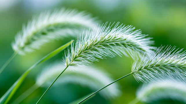 Close-up of soft, fluffy foxtail grass swaying against a blurred green spring backdrop, hay fever awareness, tranquil meadow macro nature photography, with copy space