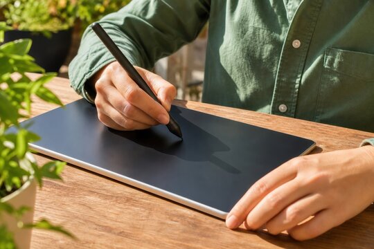Creative designer drawing on digital graphics tablet with stylus at wooden table outdoors in bright natural sunlight, close-up view of hands working on creative project
