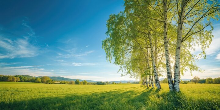 Radiant summer day scene with birch trees and open landscape