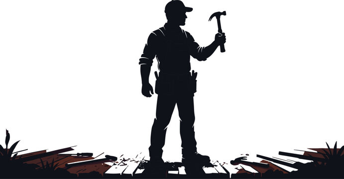 Silhouette of a man holding a hammer, standing on broken wood and grass tool