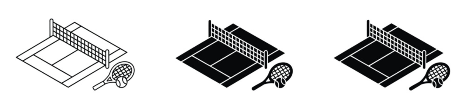 Tennis court icon set with racket and ball in black and white line art vector illustration.  Minimalist sports icon set featuring tennis and badminton elements. Padel and tennis court sport equipment.