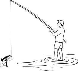 Naklejka premium Line of a fisherman catching a fish in water fishing