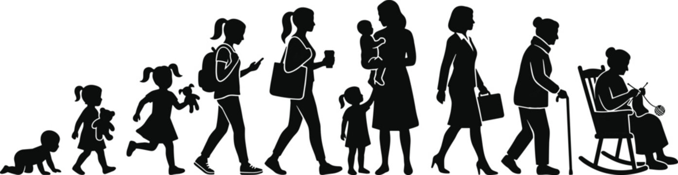 Silhouette of people in various stages of life, from infancy to old age life stages childhood