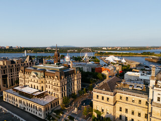 Fototapeta premium Drone view of Old Port City waterfront park with an entertainment venue. Montreal, Canada