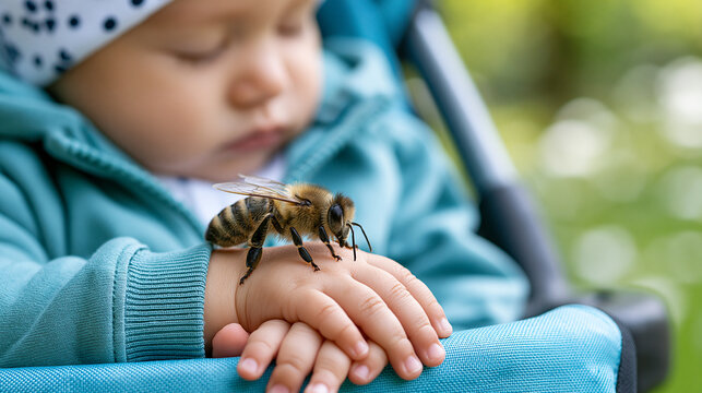 Close-up of a honey bee resting gently on the hand of a sleeping baby in a stroller outdoors, insect sting allergy awareness, nature danger concept, pediatric allergy safety,
