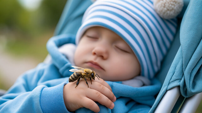 Close-up of a honey bee resting gently on the hand of a sleeping baby in a stroller outdoors, insect sting allergy awareness, nature danger concept, pediatric allergy safety,