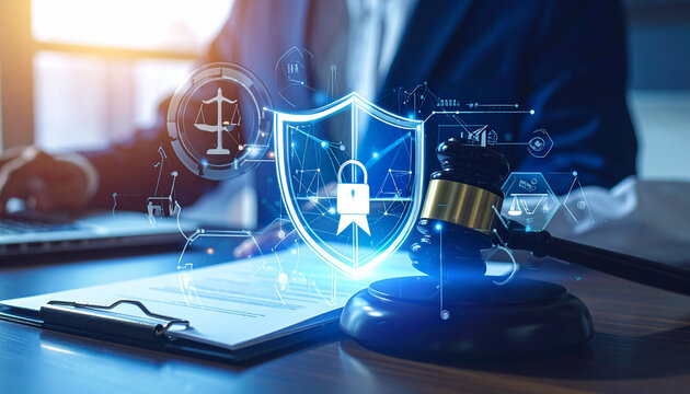 Legal technology and cybersecurity shield with scales of justice