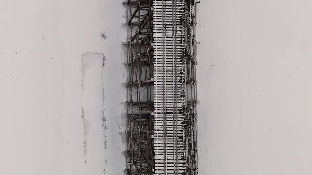Top Down Aerial View of Lethbridge High Level Bridge in Winter, Alberta