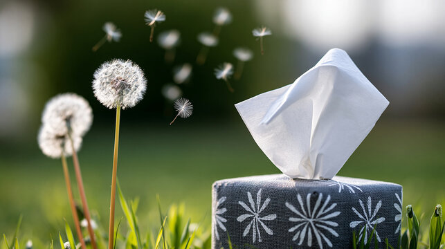 Dandelion seeds drifting in the wind beside a tissue box placed in an open field, seasonal allergy concept, springtime allergen visualization, with copy space