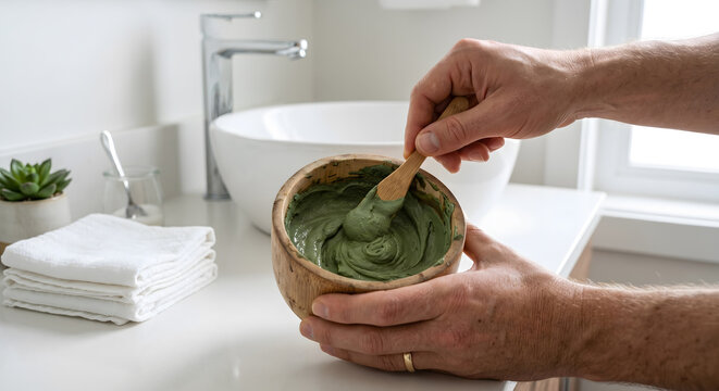 Close up of male hands mixing green clay facial mask in wooden bowl with bamboo spoon in white bathroom scene.