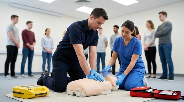 CPR training class learning cardiopulmonary resuscitation emergency medical technician practicing rescue breathing on dummy student watching instructors demonstrating health safety technique.