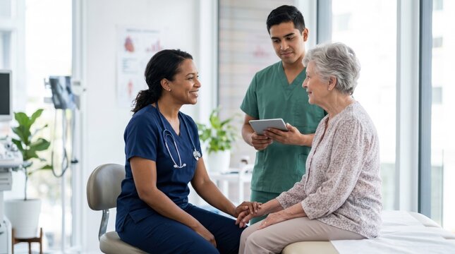 Nurse holding hand of elderly patient, compassionate care moment, doctor reviewing tablet, hospital room setting, senior health consultation with empathy and support