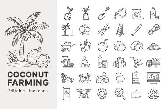 Coconut farming and agriculture line icons featuring palm tree, harvesting tools, processing, and logistics