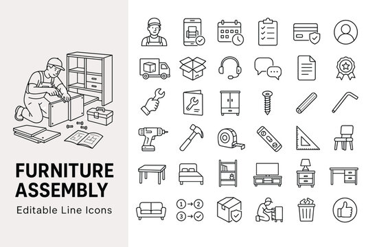 Furniture assembly and handyman services line icons with tools, home furniture, delivery, and DIY instruction symbols