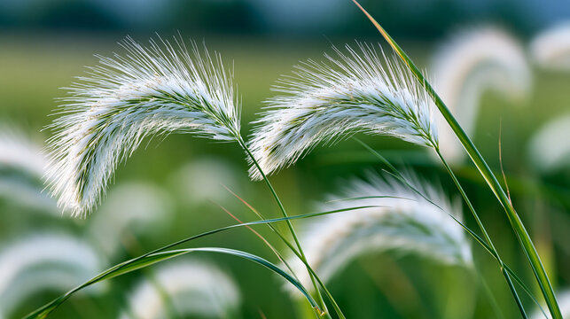 Close-up of fluffy white foxtail grass swaying gently against a softly blurred green field, spring nature background, hay fever awareness, tranquil meadow macro photography, with