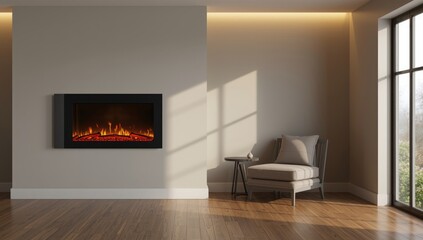 Obraz premium Expansive living room view highlighting electric fireplace with true flame effect on wall and comfortable gray chair for relaxation