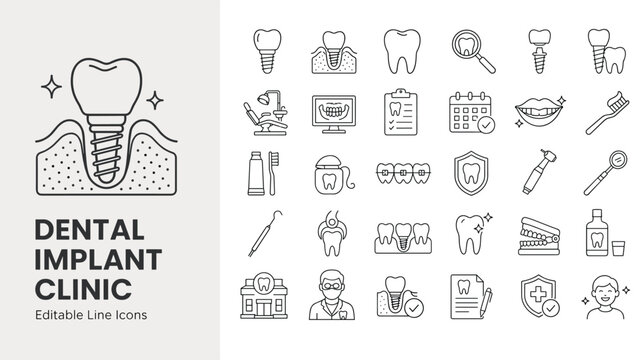 Dental implant and dentistry line icons for dental clinic, oral care, and orthodontic treatment