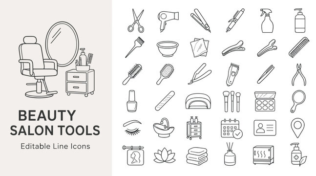 Beauty salon tools and hairdressing equipment line icons for hair styling, makeup, and manicure services