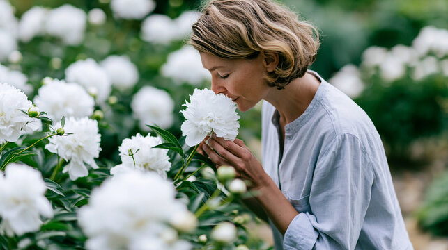 Faceless person smelling white peonies in a lush summer garden, seasonal allergy and pollen reaction concept, floral allergen exposure, with copy space