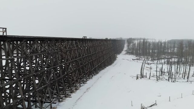 Low Angle Perspective of a Long Train Trestle Bridge Covered in Snow