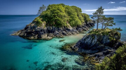 Fototapeta premium A serene island surrounded by clear blue waters. The lush green trees create a peaceful atmosphere. Perfect for nature lovers and vacation planning.