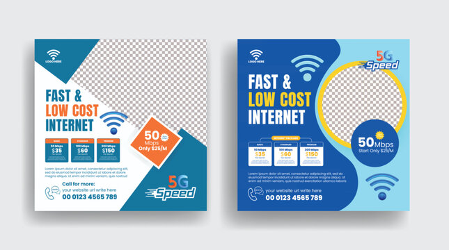 Internet connection service marketing bundle with subscription plan banners flyer templates telecom broadband wifi fiber optic promotional social media ads digital advertising design collection pack