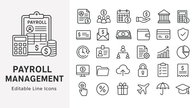 Payroll management line icons for business finance, human resources, salary payment, tax calculation, and employee benefits