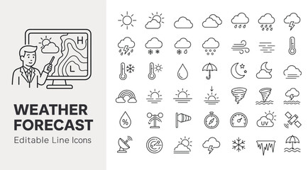 Naklejka premium Weather forecast line icons representing meteorology, temperature, rain, snow, wind, and climate conditions