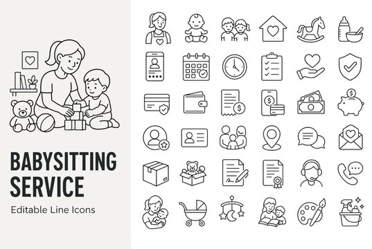 Babysitting service and childcare line icons with nanny, baby, family, stroller, toys, and parenting