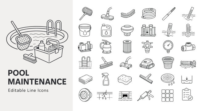 Swimming pool maintenance and cleaning service line icons with water filter, pump, skimmer net, vacuum, and chemical testing equipment