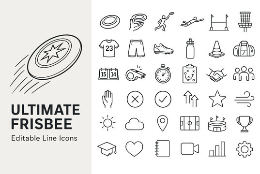 Ultimate frisbee and disc sports line icon set