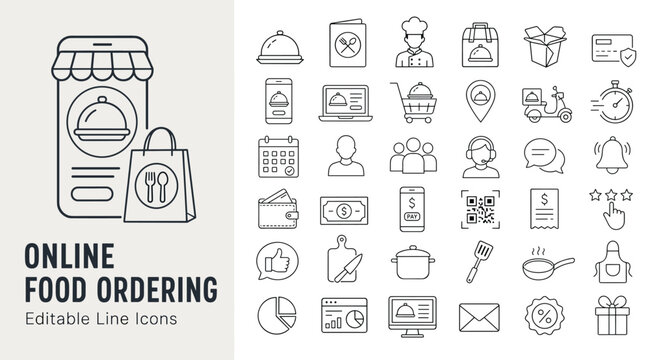 Online food ordering and delivery line icons for restaurant menu, mobile app, chef, courier scooter, payment, and food delivery bag