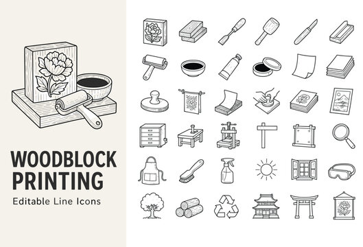 Woodblock printing line icons of traditional printmaking tools, baren, brayer, chisels, wood blocks, paper, and workshop equipment