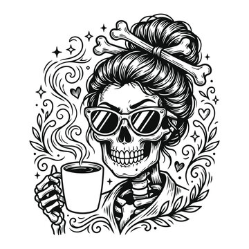 Stylish skeleton woman drinking coffee vector illustration with skeleton