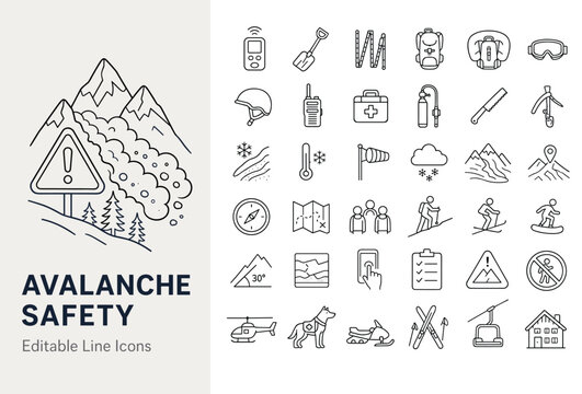Avalanche safety and winter mountain rescue line icons with skiing, snowboarding, emergency equipment, and search dog