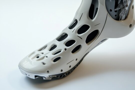 Closeup stylized prosthetic foot with perforated shell and visible internal components for orthopedic product showcase and design