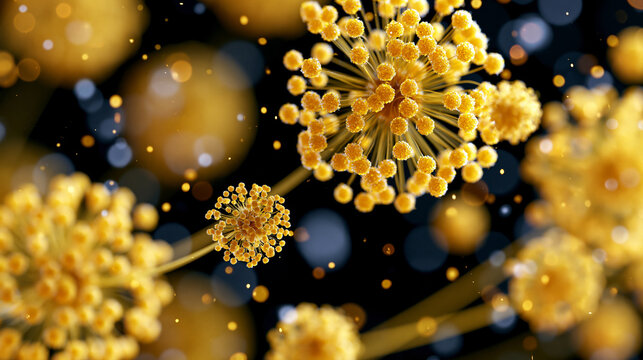 Microscopic close-up of golden particles resembling pollen grains or fat cells floating in suspension, scientific allergy concept, biological macro photography, with copy space