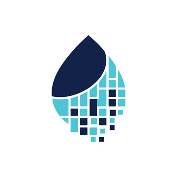 Abstract water drop logo icon with blue and dark blue digital pixel squares for technology business branding