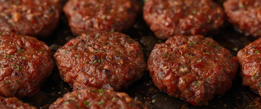 Cooked beef patties arranged in rows on a grill