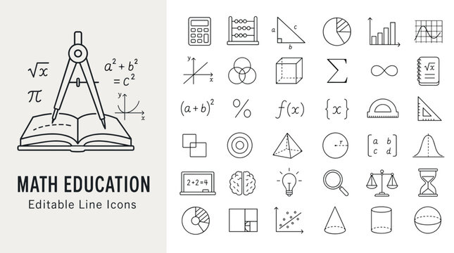 Math education line icons set featuring geometry, algebra, calculus, and school science symbols