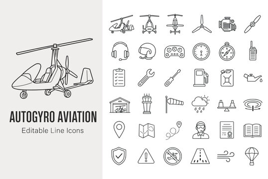 Autogyro aviation line icons set featuring gyrocopter aircraft, flight navigation, pilot equipment, and maintenance tools