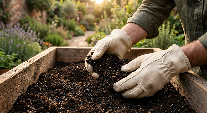 Gardener in protective leather gloves working with fresh dark soil in wooden raised garden bed during sunny spring day.
