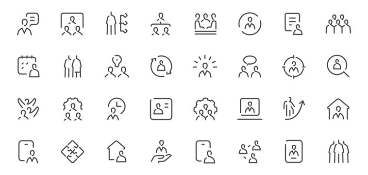 Human resources line icons set with recruitment, teamwork and employee symbols
