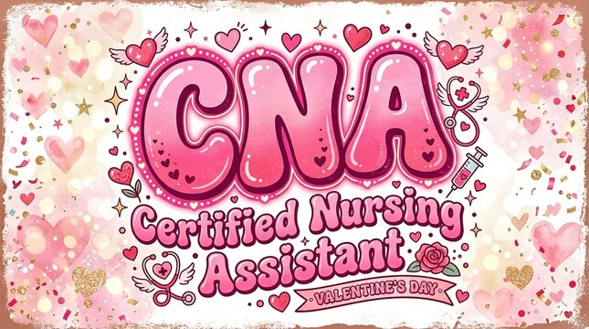 Bright pink graphic text reading CNA Certified Nursing Assistant decorated with cute hearts and medical icons for a festive Valentine Day celebration design suitable for healthcare workers and nursing