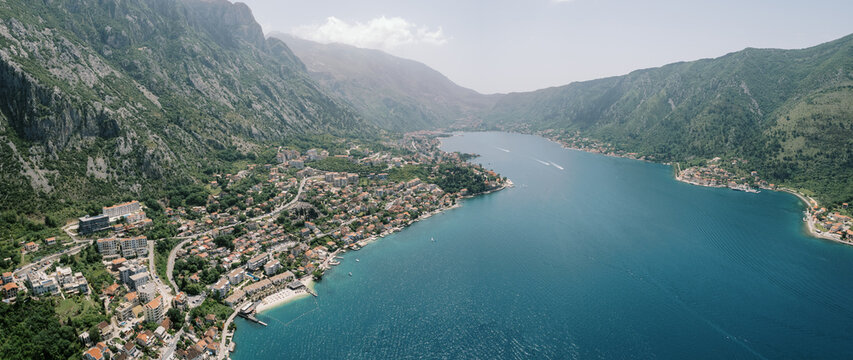 Aerial panoramic view of Kotor Bay and Dobrota coastline in Montenegro