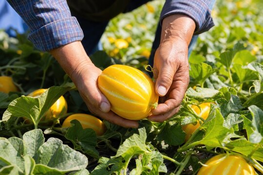 Farmer hands harvesting ripe yellow Korean melon in sunny agricultural field, close-up of organic farming and fresh summer harvest