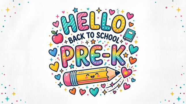 Colorful back to school pre-k lettering design featuring a cute smiling pencil character surrounded by vibrant doodle hearts and stars on a clean white background for educational classroom graphic pro