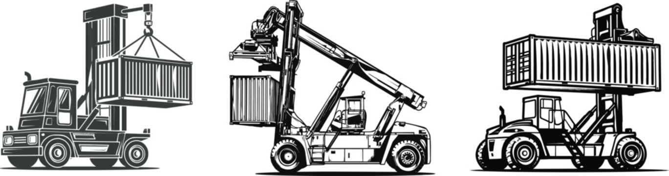 A sleek, minimalist flat vector icon of a shipping container reach stacker vehicle in a clean, bold line style against a pure white background