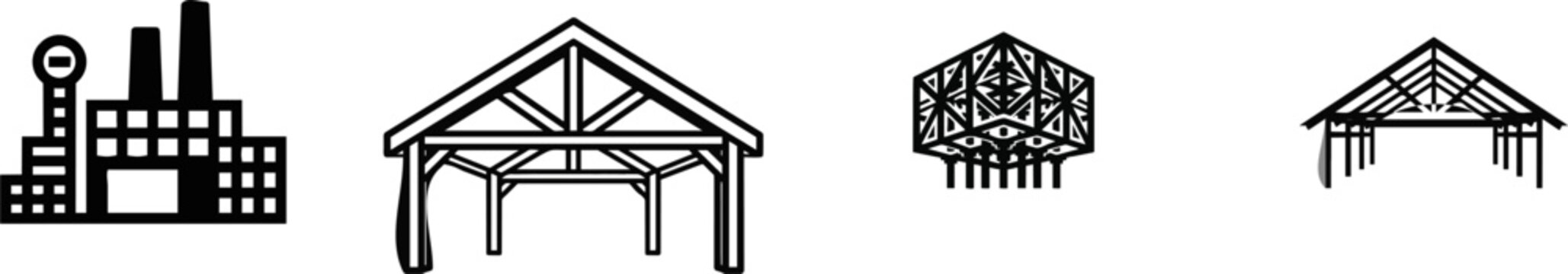 A minimalist flat vector icon of a steel frame factory building silhouette, featuring clean bold lines and clear contours, stands prominently against a pure solid white background